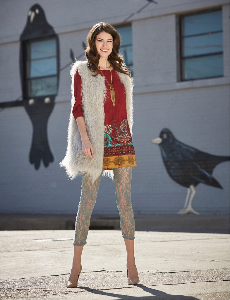 BeBop dress, $30; 1.State faux fur vest, $179; Vince Camuto necklace, $128: Belk. Lace pant, $29: Vickie B’s Boutique, 713-882-4709. Model’s own shoes.