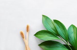 Bamboo toothbrushes on white background. Zero waste and use biodegradable and recyclable materials.