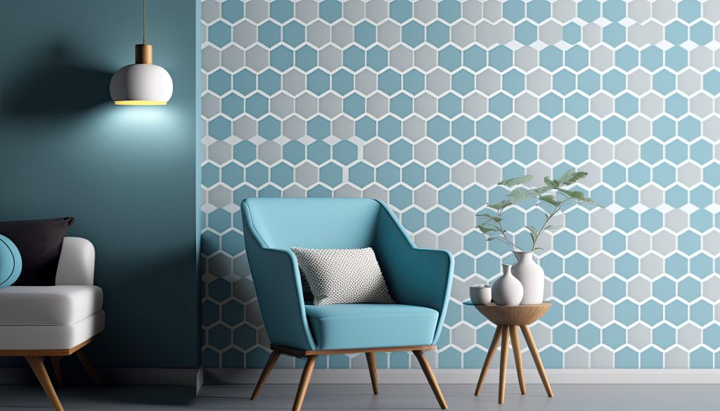 Modern living room with serene wallpaper with a repeating geomet