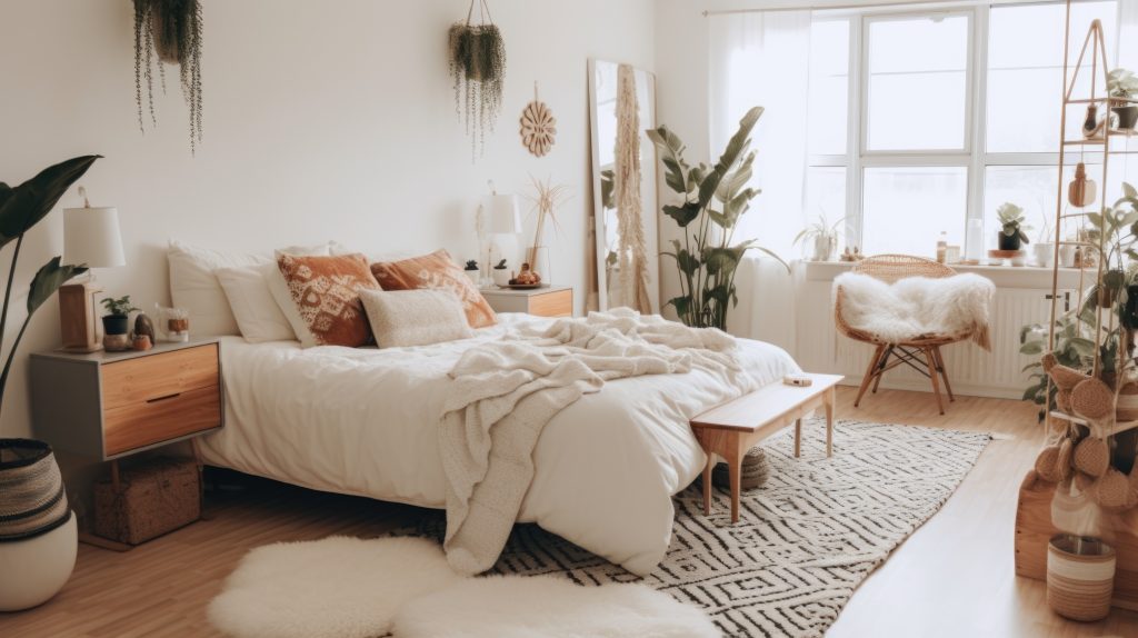 Bedroom decor, home interior design Bohemian Scandinavian style