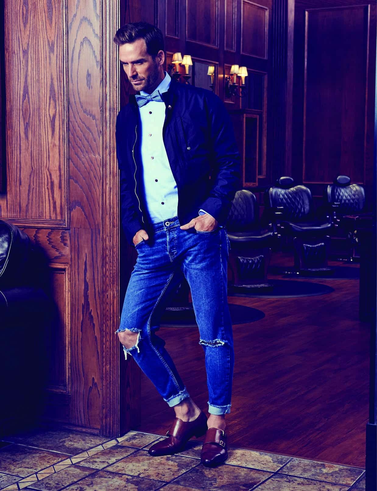 Edo Popken blue pinstripe button down shirt. Zara distressed denim, $49. Edo Popken navy sporty jacket, $588. Nordstrom brown buckle strap leather shoes, $80. Penguin spotted blue bow tie, $69.